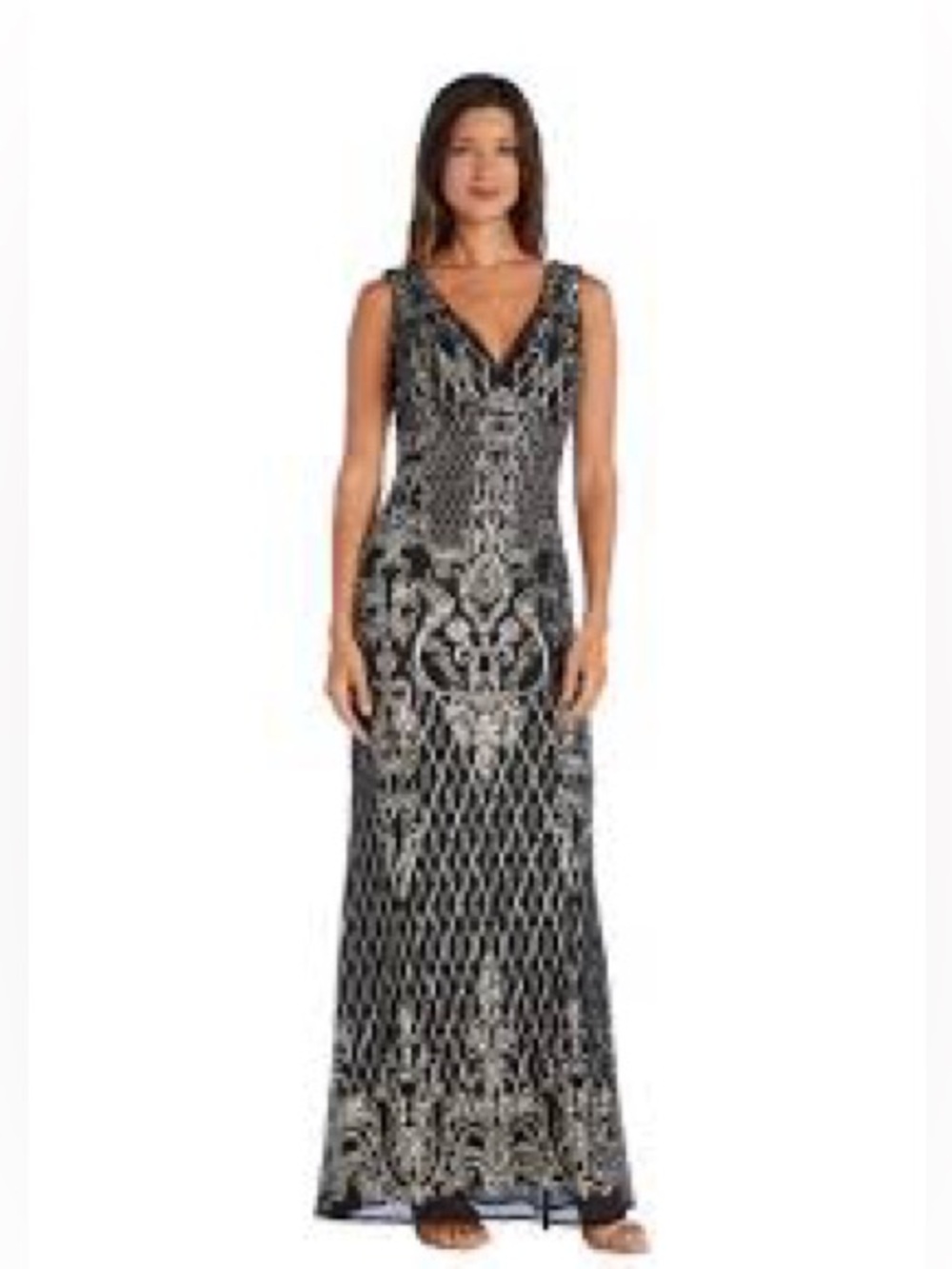 R&M Richards Black and Silver Sequins V-Neck Maxi Gown